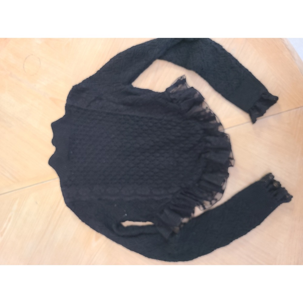 Zara Sweater Womens Medium Black Ruffle Lace Trim Mock Neck Cable Knit - Picture 5 of 6